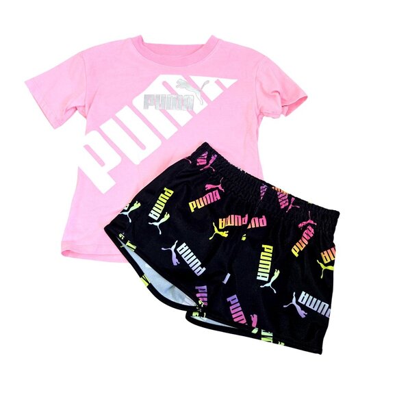 Puma Girls 4 2-Piece Set: Pink T-Shirt & Black Shorts 4166 - Picture 1 of 13